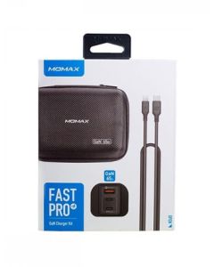 Momax Fast Pro Gan Charger Kit (Carrying Case + 65w 3port Uk Plug + Lightning to Type-c Cable ) - Black