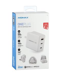 Momax ONEPlug 3-Port GaN Fast Charger 65W Ultra-Lightweight Universal (UM21) - White